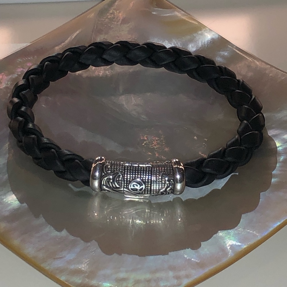 David Yurman Chevron-Stunning Braided Black Leather Bracelet with Silver Clasp